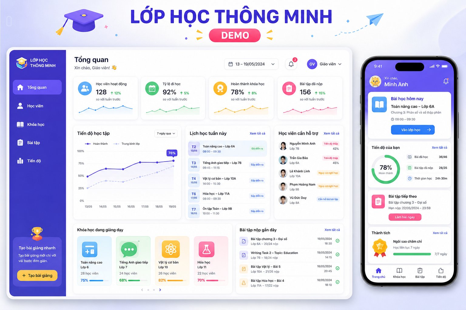 Mockup dashboard desktop và giao diện điện thoại Mini App mẫu cho giáo dục
