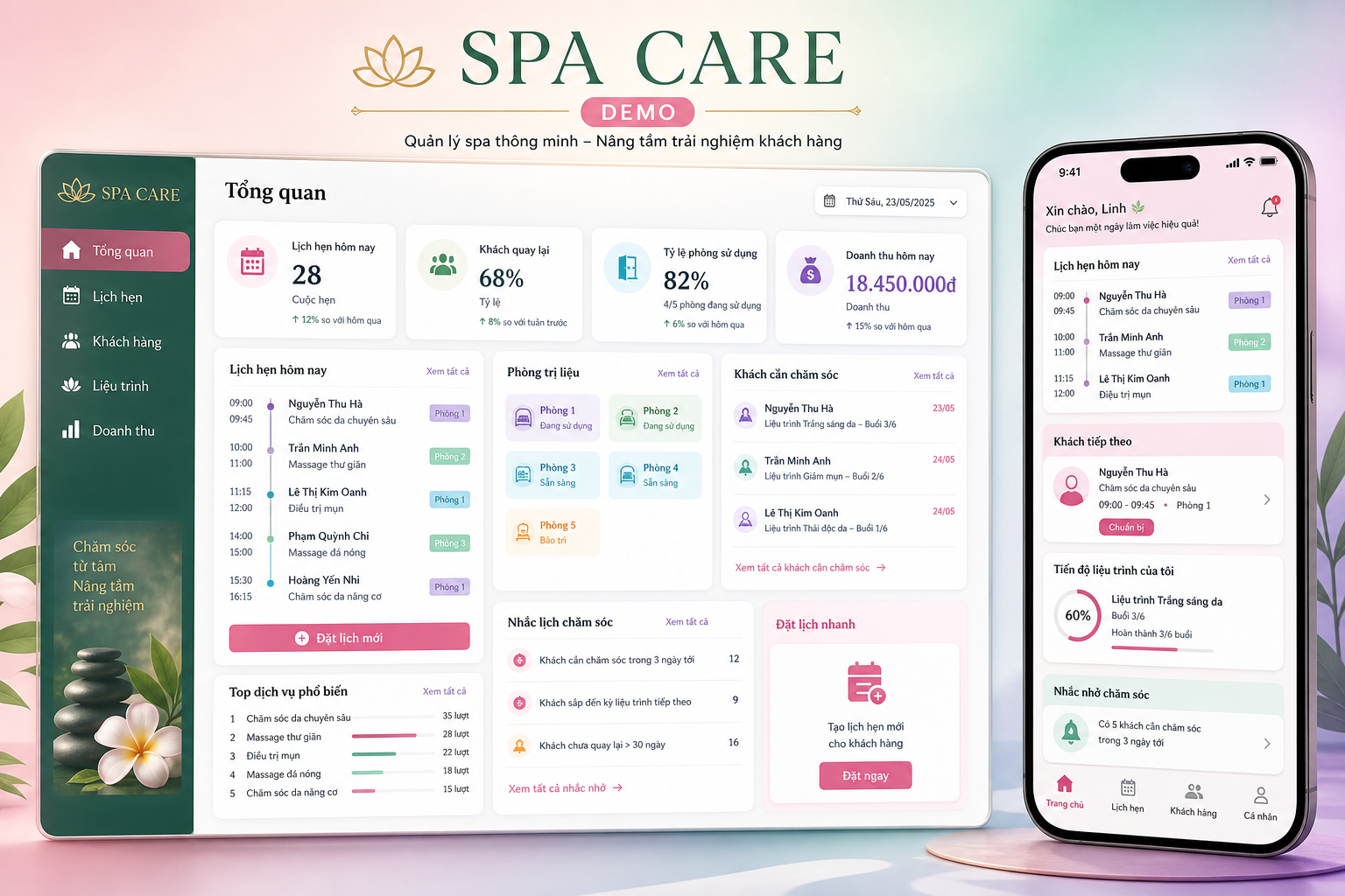 Mockup dashboard desktop và giao diện điện thoại Mini App mẫu cho spa