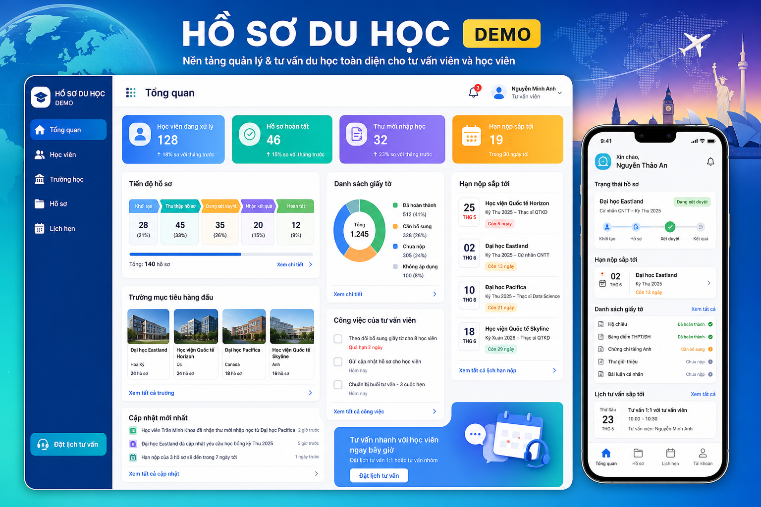 Mockup dashboard desktop và giao diện điện thoại Mini App mẫu cho tư vấn du học