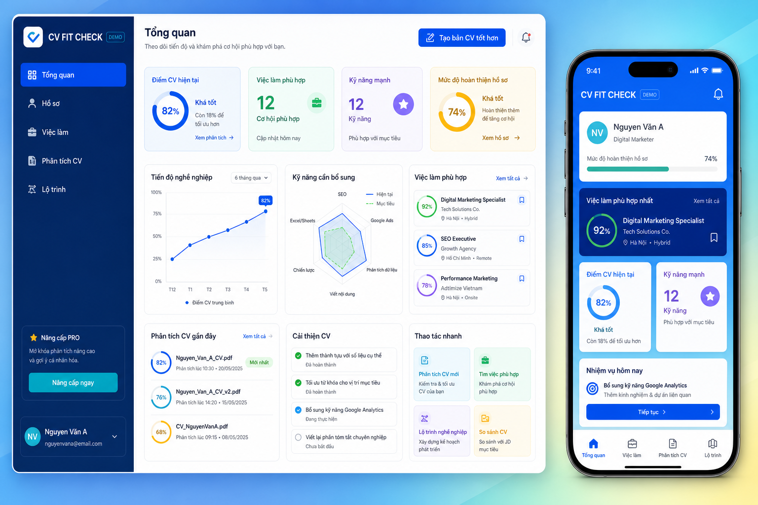 Mockup dashboard desktop và giao diện điện thoại Mini App mẫu cho CV và nghề nghiệp