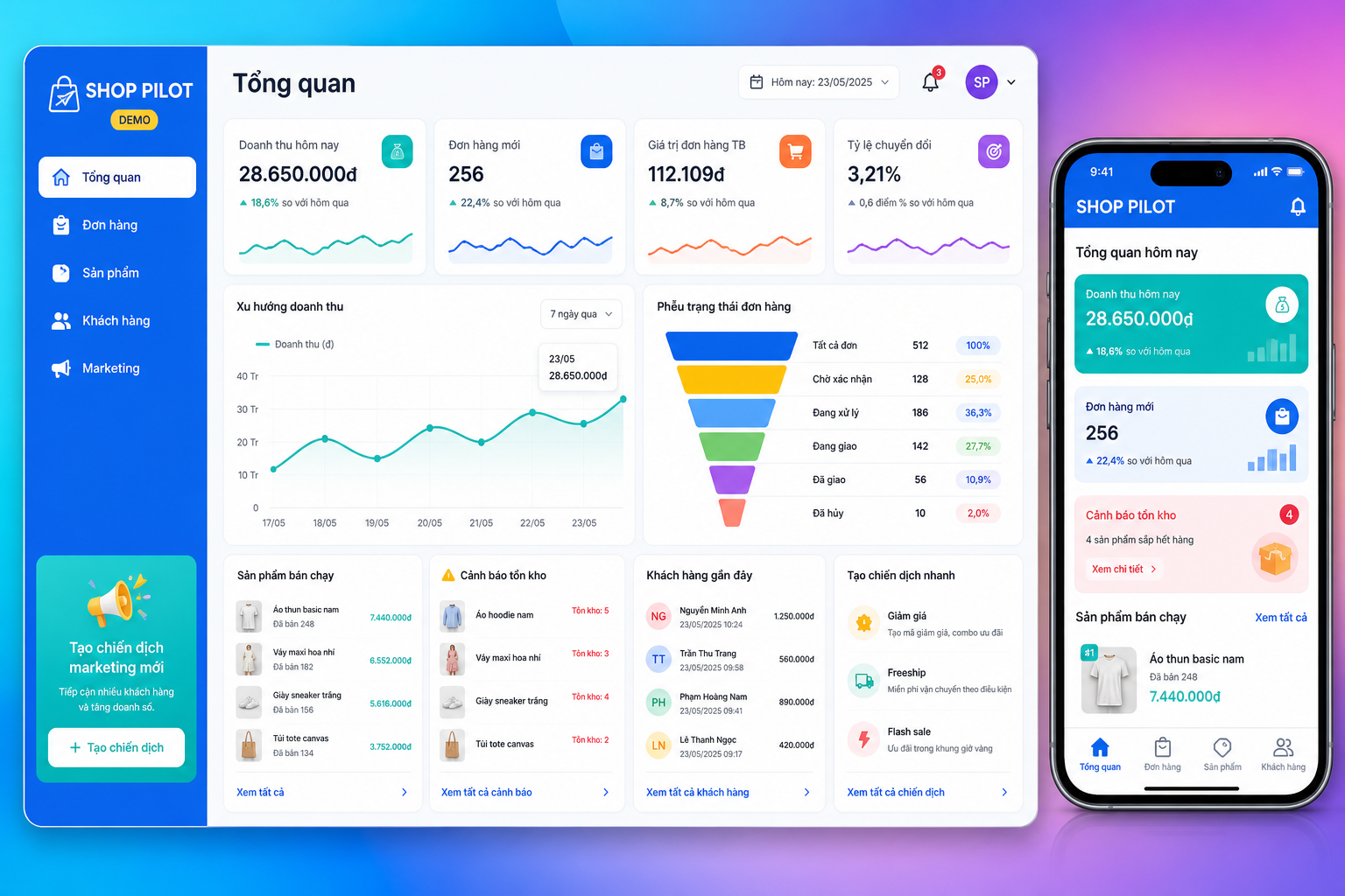 Mockup dashboard desktop và giao diện điện thoại Mini App mẫu cho thương mại điện tử