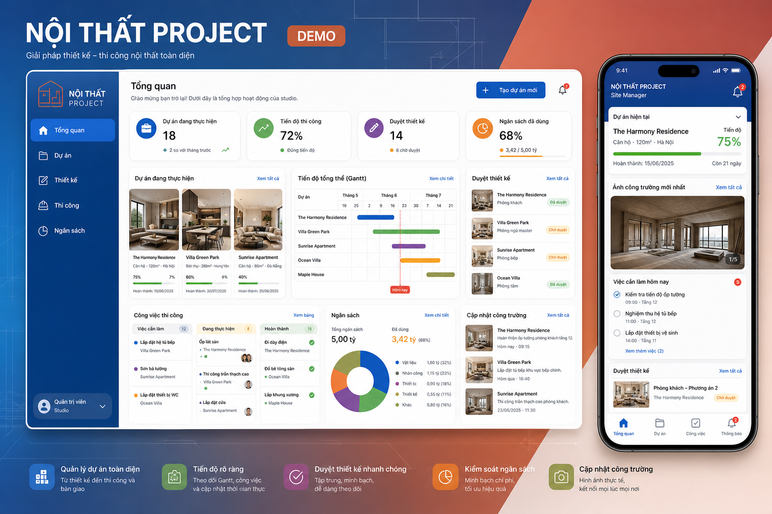 Mockup dashboard desktop và giao diện điện thoại Mini App mẫu cho thiết kế và thi công nội thất